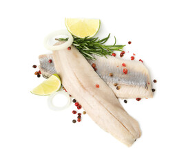 Marinated herring fillets with rosemary, onion rings, peppercorns and lime isolated on white, top...