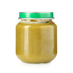 Baby food. Tasty puree in glass jar isolated on white