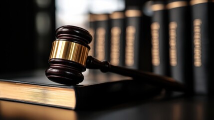 A gavel rests on a legal book, symbolizing justice and the law, with blurred legal texts in the background, representing the judiciary system.