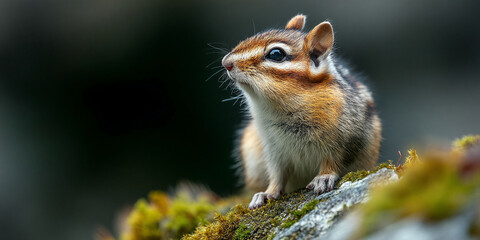Close-up of chipmunk on mossy rock, showcasing its furry texture and alert expression, symbolizing wildlife, nature, and alertness