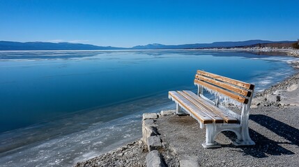 Frozen bench overlooking icy expanse