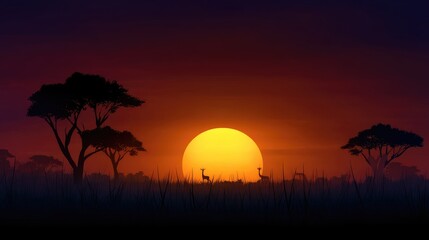 Obraz premium Silhouettes of animals at sunset in the savannah.