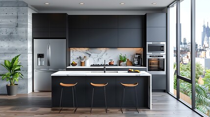Sleek black cabinets with marble countertop and skyline backdrop high resolution picture