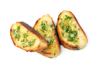 Tasty bread with garlic, herbs and oil isolated on white, top view