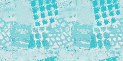 Seamless teal green woven grunge dye border pattern. Irregular beach cottage dye washed out resist banner background. Modern mottled woven style for trendy coastal worn texture tape edging trim.