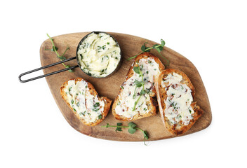 Tasty bread with garlic, herbs and butter isolated on white, top view