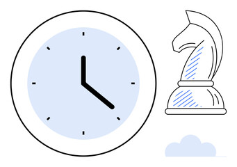 Analog wall clock and chess knight piece symbolize time and strategy next to a subtle cloud shape. Ideal for planning, productivity, decision-making, time management, success, strategy, leadership