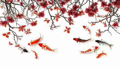 Colorful koi fish swimming gracefully beneath vibrant autumn leaves against a white background