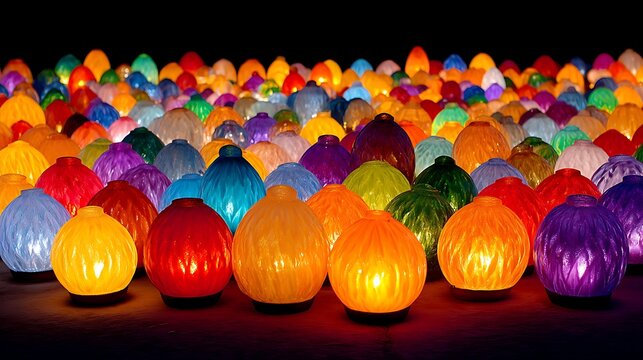 A field of colorful, glowing lanterns lit at night