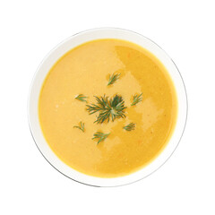 Delicious lentil cream soup with dill in bowl isolated on white, top view