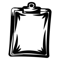 Black and white clipboard graphic with stylized edges and blank paper area