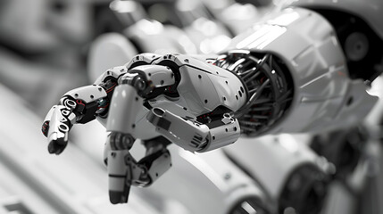 Fototapeta premium A robotic arm in a high tech factory, assembling components for robots used in autonomous vertical farming systems, Agri-tech style