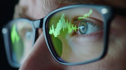 reflection of stock market charts in a man's glasses
