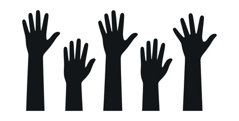 Raised Hands Silhouette Group Demonstrating Participation Support And Unity Black And White Graphic Vector Illustration