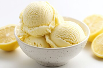 Lemon ice cream in bowl, white background. AI generated illustration.