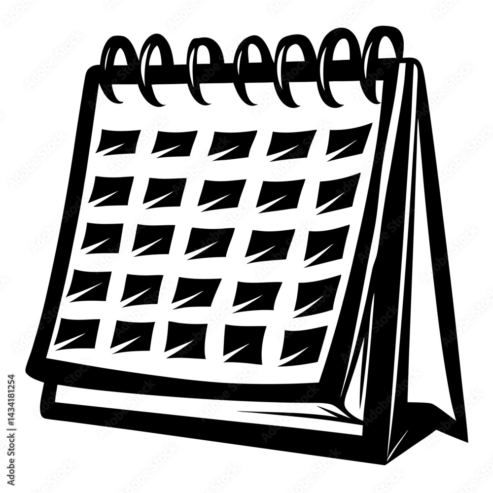 Poster monochromatic desk calendar displaying multiple dates and pages in simple graphic style