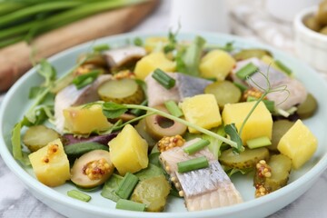 Delicious salad with herring on white table, closeup