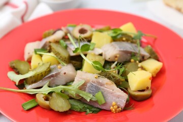 Delicious salad with herring on white table, closeup