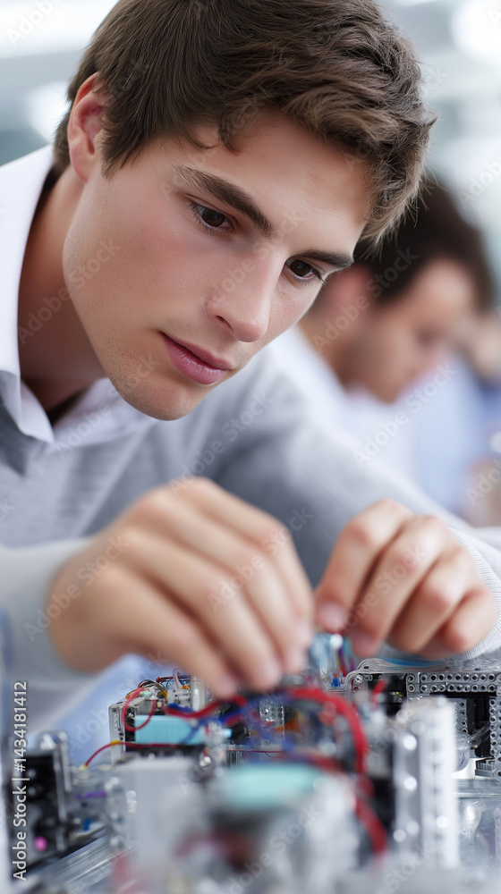 Poster young man working on robotics project in a modern classroom during daytime