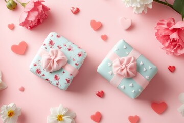 Two small wrapped gifts with pink bows and flowers on a pink background