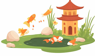 Colorful koi fish swimming in a serene pond near a traditional Asian pagoda surrounded by greenery