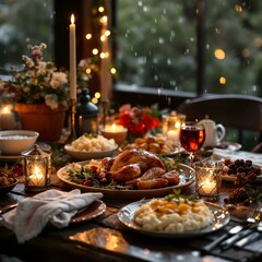 A festive holiday dinner table set on a cozy porch during a rainy spring evening, featuring a succulent roast turkey, garlic mashed potatoes, herbed gravy, and sweet cranberry sauce.