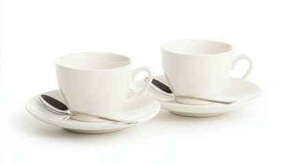 Obraz premium white coffee cups on saucers with silver spoons, generative ai