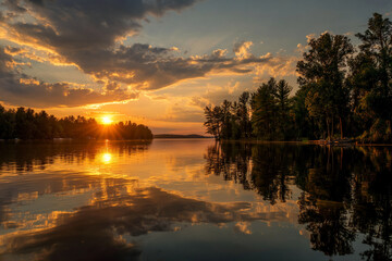 Obraz premium Golden sunset over calm lake, trees reflected in water, creating a serene and peaceful atmosphere, showcasing nature's beauty at dusk