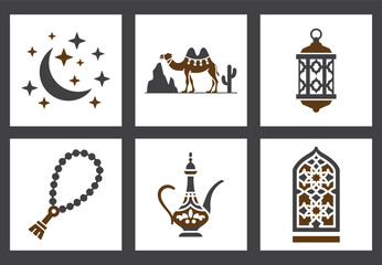 Eid Mubarak Icon Set with Mosque and Crescent Moon