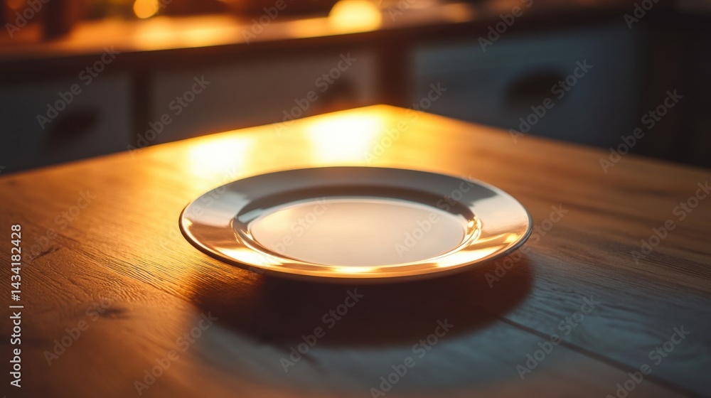 Poster close-up of an empty plate on a kitchen table at night, soft lighting from a low angle creating shad