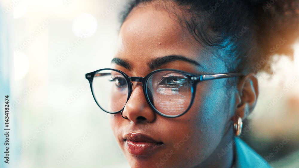Aufkleber Online, glasses and developer with business woman for cyber security, network domain and programming analyst. Server encryption, tech startup and software review with person in IT firm for VPN system