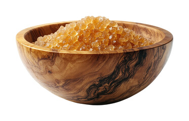 Natural brown sugar crystals in wooden bowl kitchen food isolated on transparent background