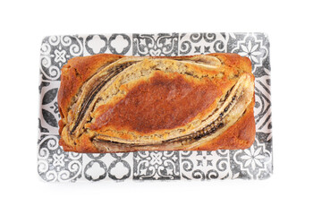 Delicious whole banana bread isolated on white, top view