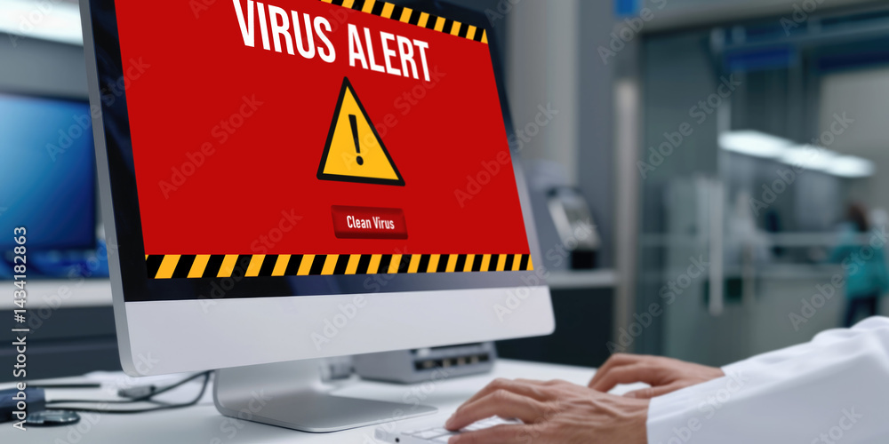 Poster virus warning alert on computer screen detected brisk cyber threat , hacker, computer virus and malw