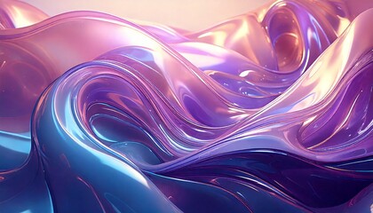 滑らかな光沢の抽象アート、パステルカラーの流体デザイン、波のように揺れるガラス質の曲線、近未来風のアブストラクト素材、ピンクとブルーのグラデーション背景、幻想的に輝く3Dテクスチャ、メタリックで柔らかな表現、透明感あふれる抽象ビジュアル、アート系インテリア素材、立体感ある幻想的デザイン
