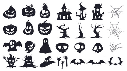 Halloween silhouette set with pumpkins, ghosts, haunted houses, bats, skulls, spiderwebs and spooky trees. Perfect for cards, decor, stickers, and party designs.