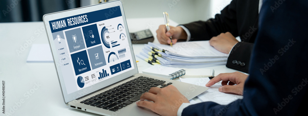 Poster human resources management software on computer screen helping human resources employee to manage re