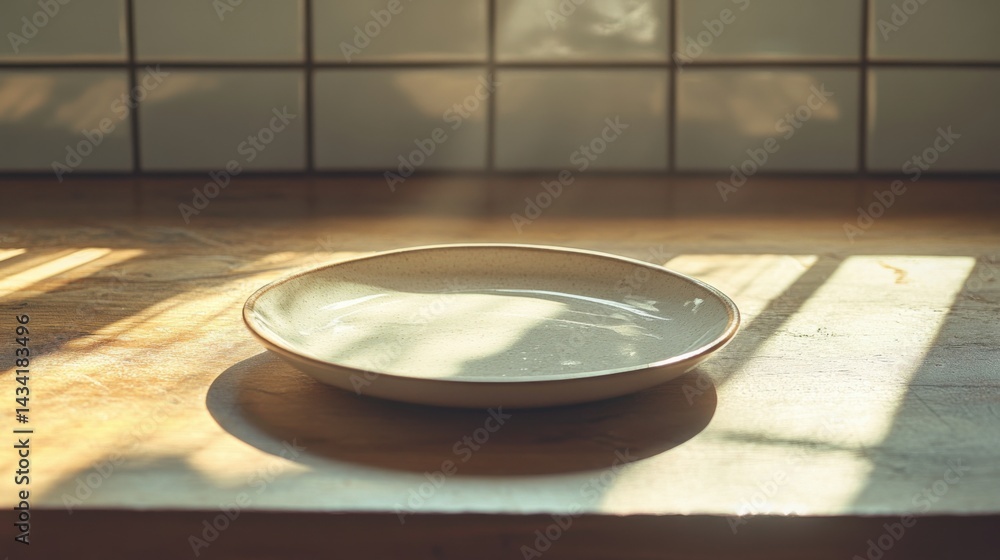 Poster close-up of an empty plate on a kitchen table, dim light from a nearby source, creating shadows and 