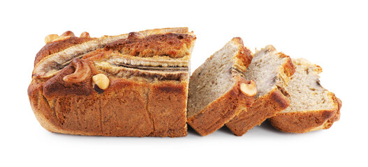 Cut banana bread with nuts isolated on white