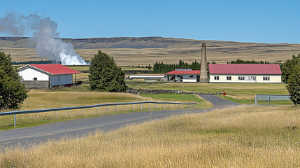Scenic view of a geothermal power plant surrounded by lush fields and mountains under a clear sky