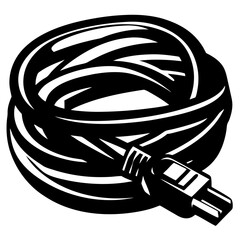 Coiled Black Cable with Plug Illustration, Technology and Connectivity, Simplified Design