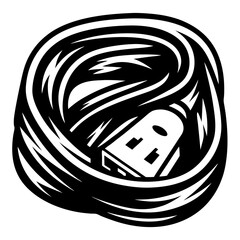 Abstract monochrome illustration of a plug nestled in a woven nest design