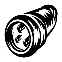 Monochrome illustration of an electrical connector with stylized design elements surrounding it