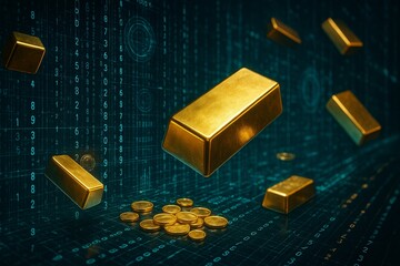 A digital futuristic scene showing gold blocks floating in a data stream of numbers and holograms