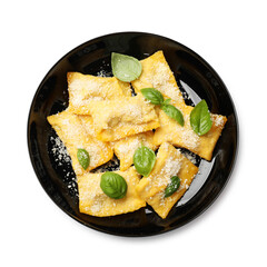 Delicious ravioli with parmesan cheese and basil isolated on white, top view