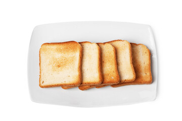 Pieces of tasty toast bread isolated on white, top view