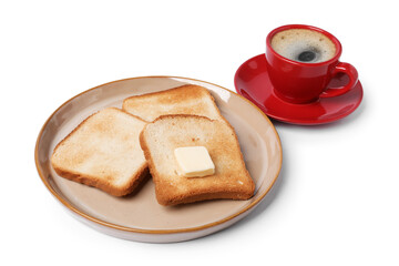 Tasty toast bread with butter and coffee isolated on white