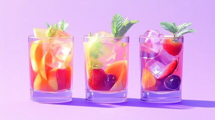 Fototapeta premium Glass cups filled with fruit cocktail, mint garnish, cool tones on pastel purple. generative ai