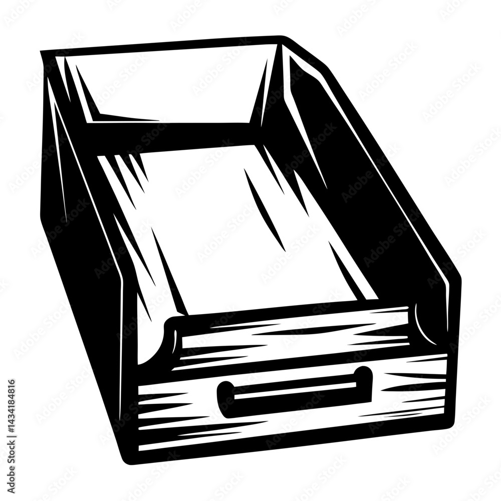 Poster monochrome illustration of a drawer for storage or filing documents with handle