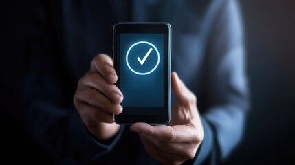 Quality Certificate and Checklist Businessman Holding Smartphone Displaying Digital Certification and Checklist Icons Symbolizing Online Approval Compliance and Document Management